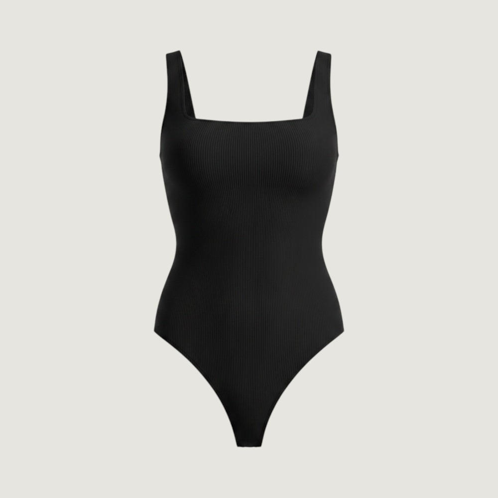 Topshop Ribbed Black Tank Bodysuit Square Neck Wide Strap Womens US 4
